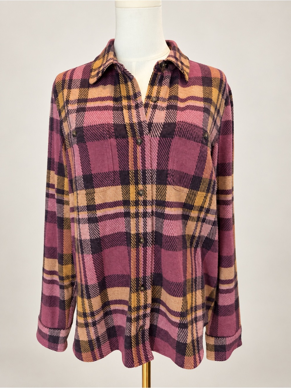 Faherty Plaid Button Front Shirt Shacket Mauve Mustard Women’s Large